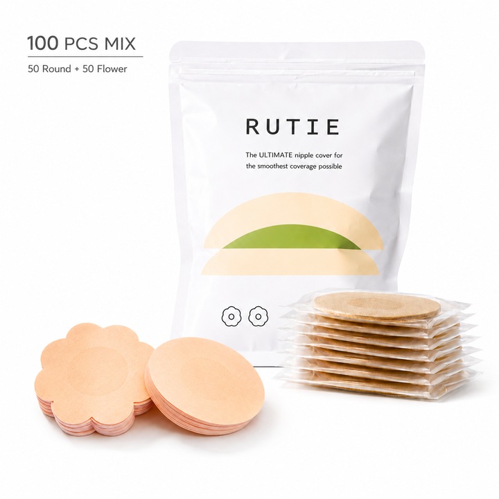 Plasturi mamelon de unica folosinta, Set Mixt 100 bucati, 50 rotunzi + 50 floare, ultra subtiri 0.2 mm, invizibili sub haine, adeziv sigur, rezistenti la transpiratie, bej