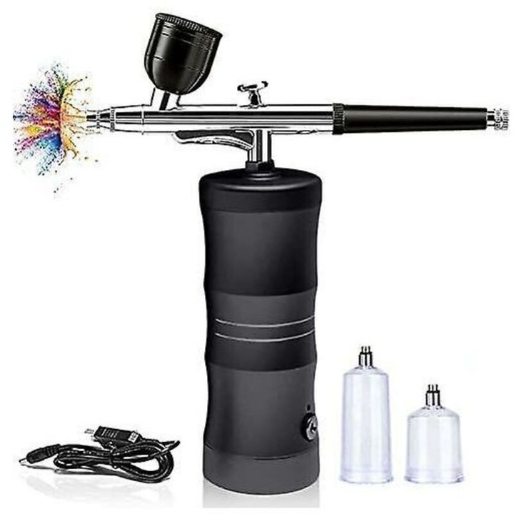 Kit aerograf portabil cu compresor fara fir, reglabil, alb, compact