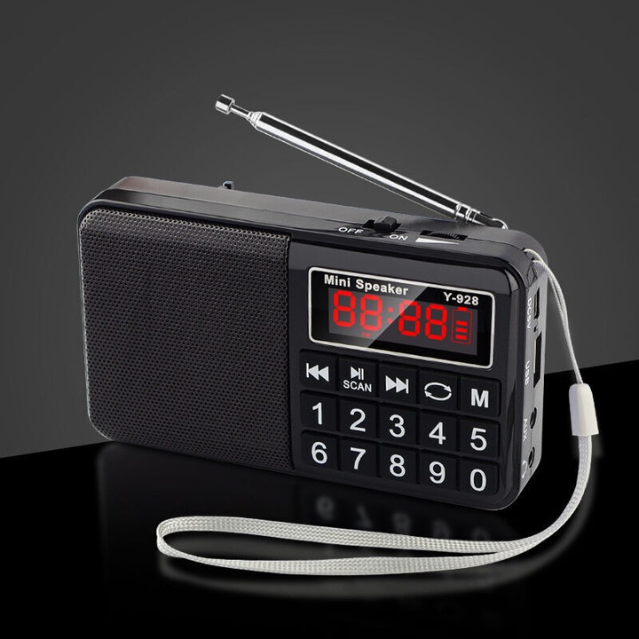 Radio portabil Y-928, receptor FM/AM/SW, USB/Micro-SD MP3, butoane mari, ecran mare, difuzor neodim 3W, reincarcabil 1200 mAh, curea gri, negru, 31x126x73 mm