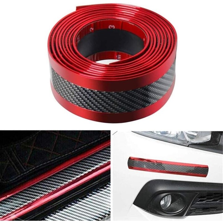 Banda protectie prag auto, protector prag/sticker universal, pvc cu textura carbon, adeziv dublu, flexibil si rezistent la fisuri, rosu, 5 cm x 300 cm