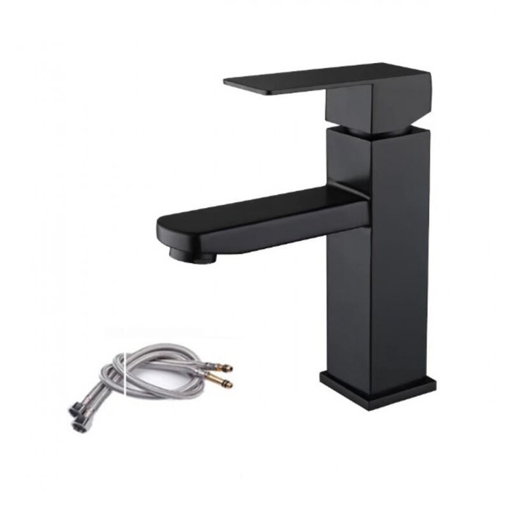 Baterie lavoar inox negru mat, monocomanda, furtun inclus, 1 orificiu, 15x20cm
