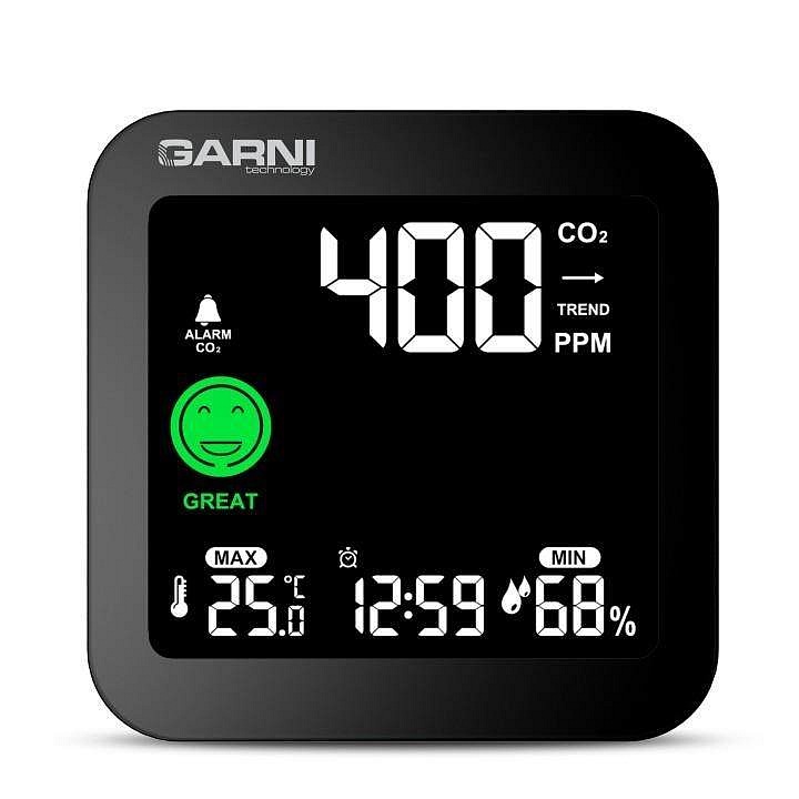 Garni Technology 201 OneCare CO2 mérő, VA színes kijelző 63x57 mm, SENSIRION SCD4x érzékelő, fekete, 1 db.