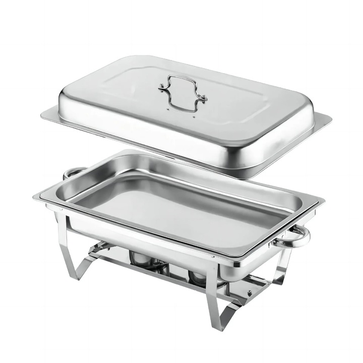 Büfé ételmelegítő, Chafing dish, Rozsdamentes acél, Téglalap alakú, Fedéllel, víztálcával, ételtálcával, kerettel, üzemanyagtartóval, 1 db, Ezüst