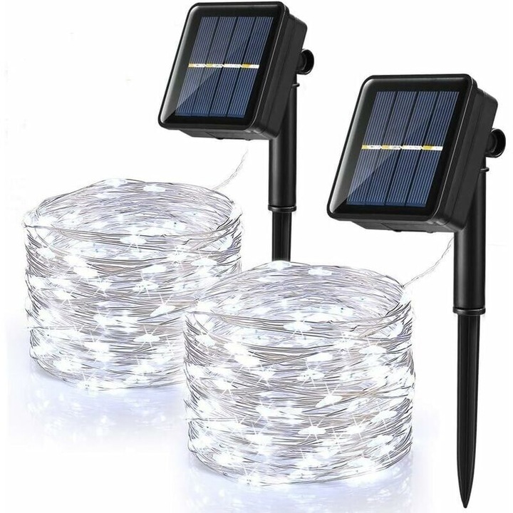Соларна светеща инсталация 10м 100 LED студено бяло водоустойчива комплект 2 бр