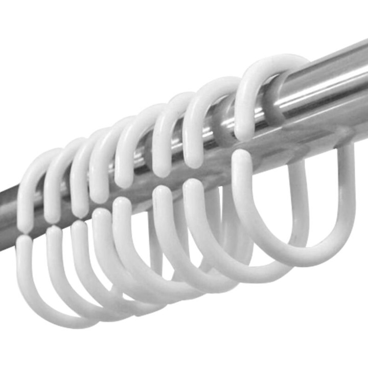 Inele/carlige pentru perdea de dus in forma de C, plastic flexibil, rezistente la rugina, diametru interior 4.6 cm, latime interior 2.9 cm, alb, 12 buc