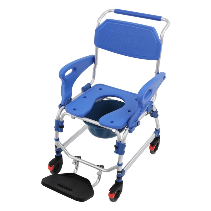 Scaun de dus si toaleta, comoda mobila pe roti, 4 roti, capacitate 125 kg, inaltime sezut 54 cm, dimensiuni 62×59×100 cm, aluminiu, PP, EVA, albastru/alb