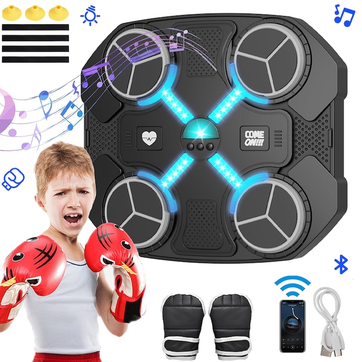 Aparat de box muzical.Manusi Incluse, Bluetooth, 3 Viteze.USB.ABS + EVA, Interactiune inteligenta, Usor de instalat fara gaurire, Difuzor Incorporat, Multifunctional.Echipamente de fitness pentru acasa, Antrenament de box pentru copii.32x27.5x3cm, Negru