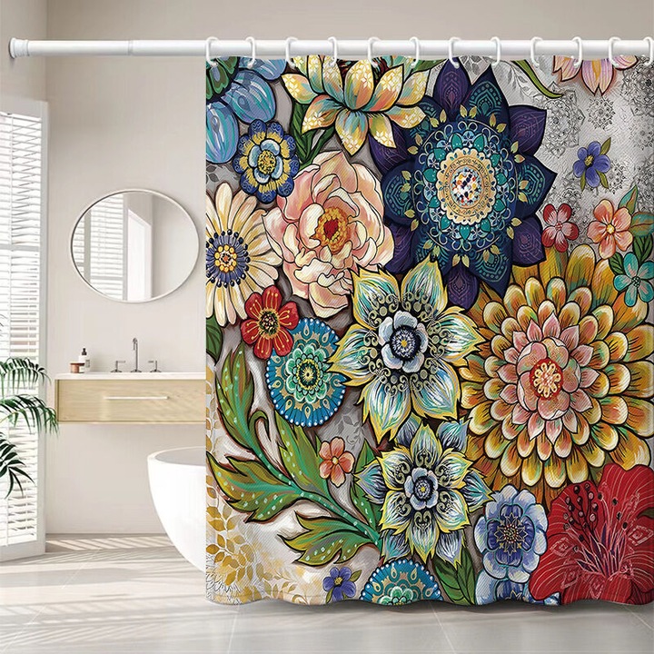 Flowers zuhanyfüggöny, környezetbarát vízálló poliészter, gyorsan száradó, többszínű, 180 x 200 cm, 12 kampóval
