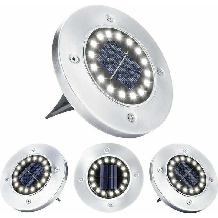 Lumini solare de gradina Tigrezy, pachet de 4 lumini solare de exterior cu 16 LED-uri, spoturi incastrate impermeabile din otel inoxidabil pentru alei, terase, curti, alei subterane si peluze, alb rece