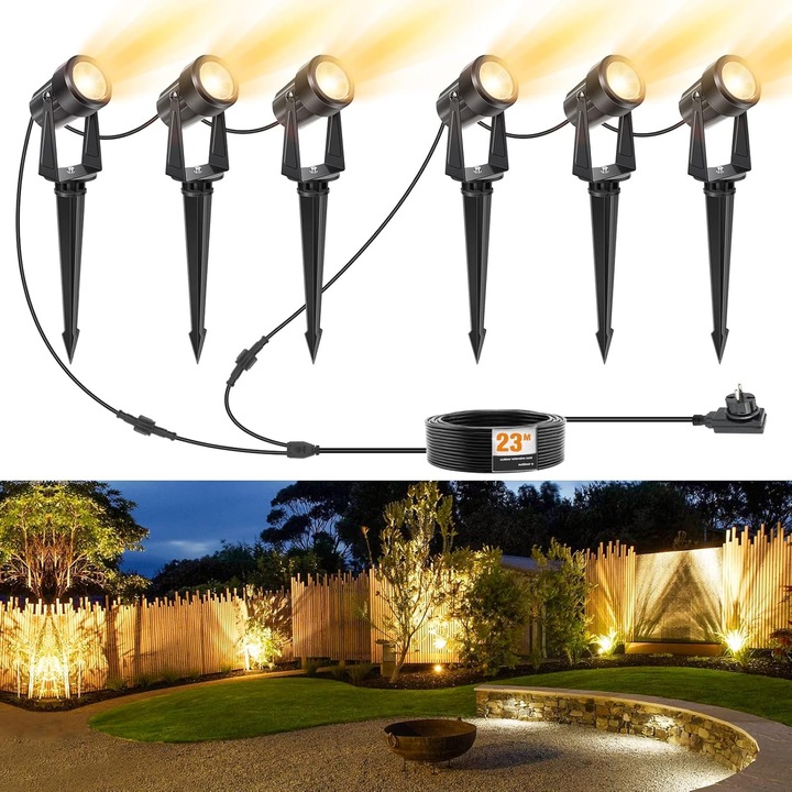 Spoturi LED de exterior, iluminat de gradina alb cald 3000K, spoturi de exterior impermeabile IP67, lampi de gradina cu adaptor de 23 m 27 V, spoturi LED de exterior pentru gradini, curti si copaci (pachet de 6)