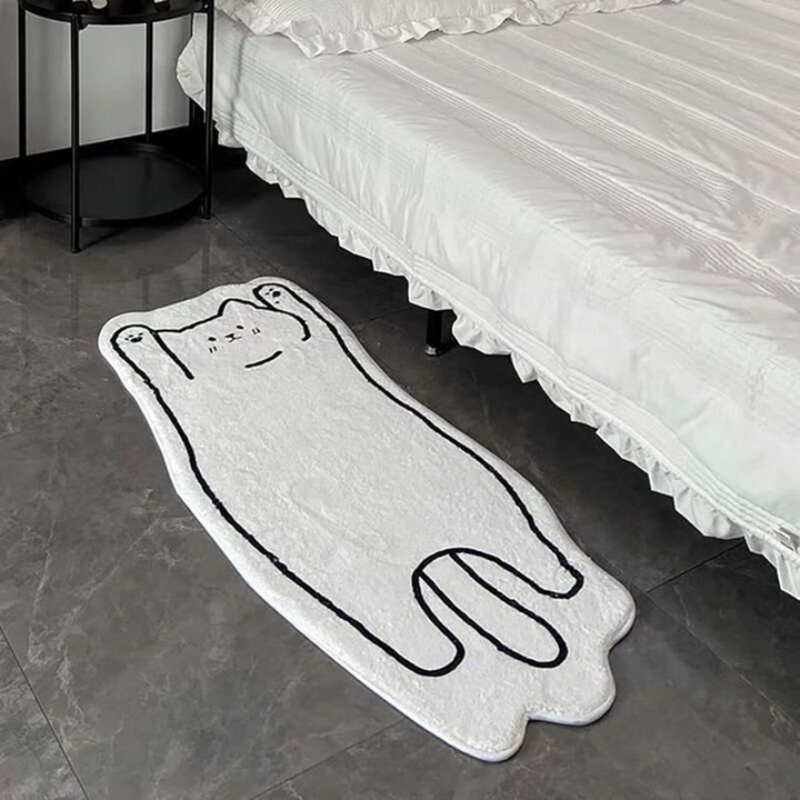 Covor dormitor/covoras, model pisica, plus, spalabil, antiderapant, forma neregulata, alb, 40 x 120 cm