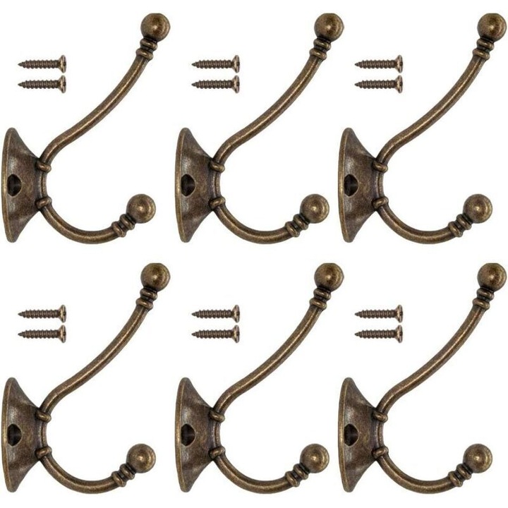 Set 6 cuiere metalice vintage, bronz, 15 kg, pentru haine si accesorii