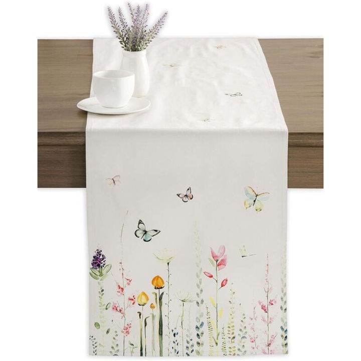 Asztali futó, Botanical Fresh, virágmintás és pillangós, mosógépben mosható, fehér/többszínű, 33x183 cm