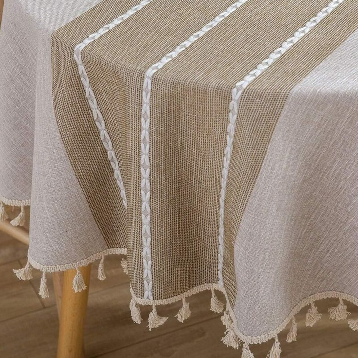 Kerek pamut és lenvászon asztalterítő, dekoratív rojtokkal és strapabíró varrással, bézs/natúr, O 60 inch (152 cm)