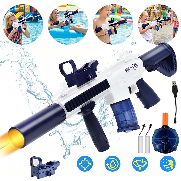 Pistol de Apa Electric cu Jet Puternic, LED Interactiv, Raza 5-8m, 2 Acumulatori Reincarcabili, 2 rezervoare de apa, ABS, USB, Rezervor de apa de mare capacitate de 58/343 ml, Design cu un singur clic, pentru Vara, Apa, Joaca Exterior