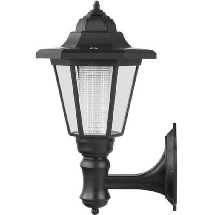 Lampa solara de exterior, LED, impermeabila IP44, cu panou solar monocristalin si senzor de lumina, negru/alb, 28 x 18 cm