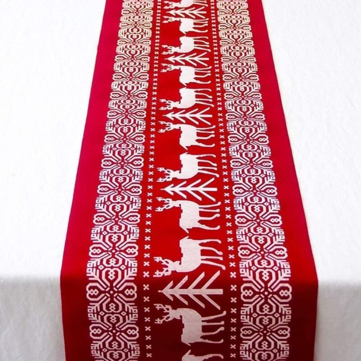 Asztali futó, karácsonyi asztali futó, pamut és len, rénszarvas mintával, mosható, piros, 33 x 183 cm
