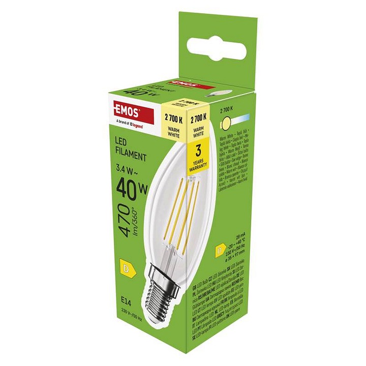 Emos Filament gyertya LED izzó, 3,4W (40W-nak megfelelő) 470 lm, E14, meleg fehér 2700K, 1 db