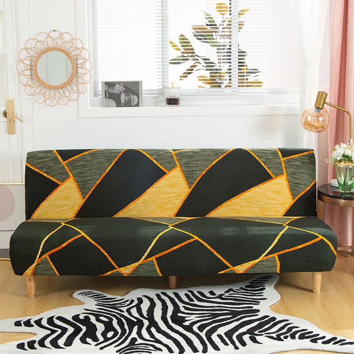 Husa extensibila pentru canapea fara brate/protector, Yellow Marble, din poliester si spandex, potrivita pentru canapele 180-220 cm, galben marmorat, 1 buc