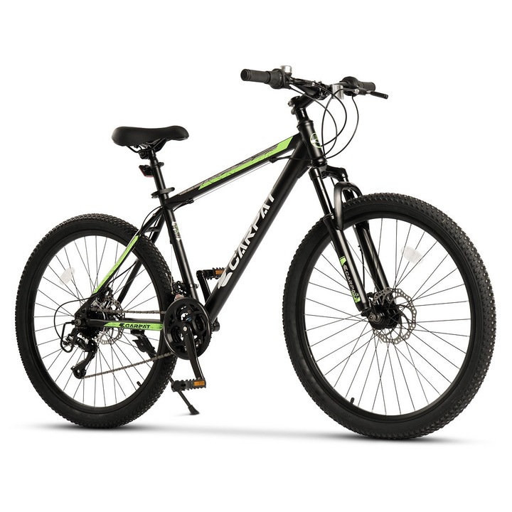 ERBS26102G MTB kerékpár 26" kerekekkel, első felfüggesztéssel, Shimano forgóváltókarokkal, tárcsafékekkel, 21 sebességgel, fekete/zöld, E-Carpat Genius 2.6 New Generation Mountain Bike