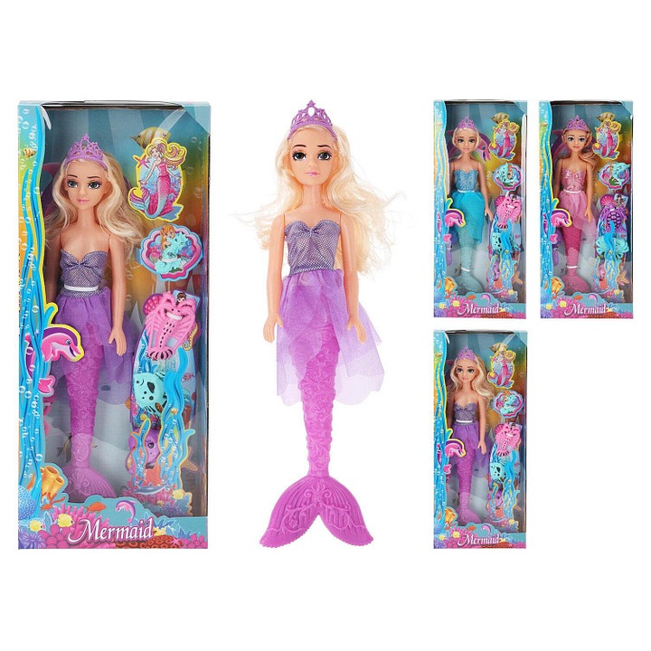 Papusa sirena Mat Mermaid, jucarie papusa cu accesorii, in rochie colorata, multicolor, 44,5 cm