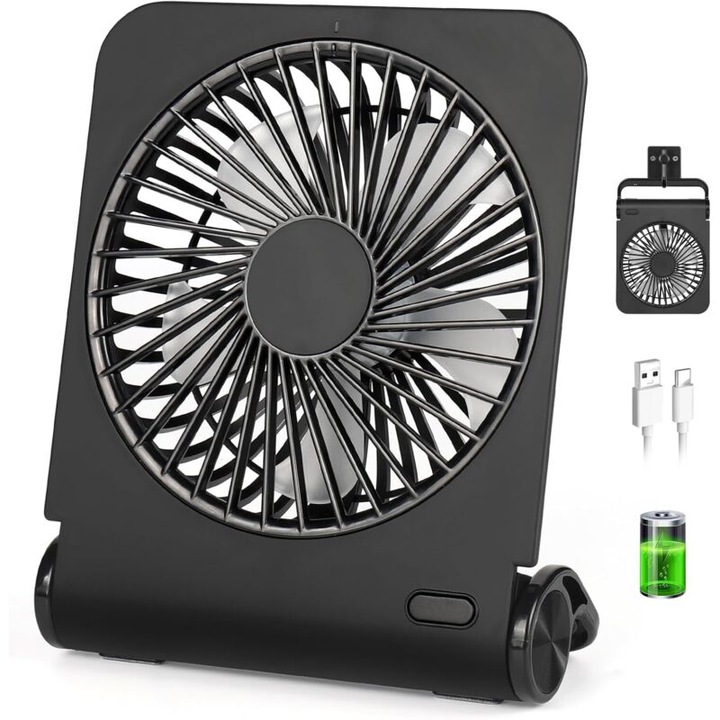Mini újratölthető ventilátor, hordozható ventilátor 2500mAh, 4 sebességfokozat, ultra-csendes, állítható 220°, irodai és kültéri használatra, fekete, 260g, 14.5x3x18.5 cm
