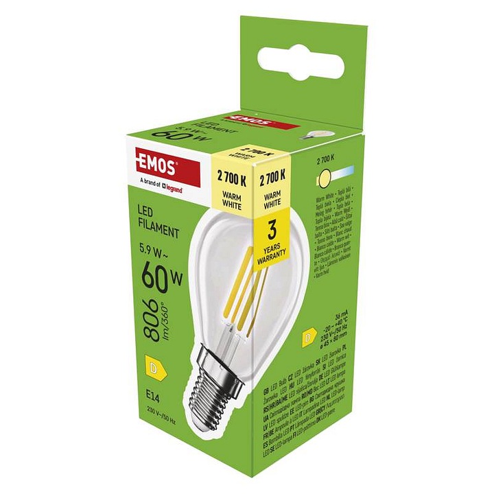 Emos Filament Mini Globe LED izzó, 5,9W (60W-nak megfelelő) 806 lm, E14, meleg fehér 2700K, 1 db