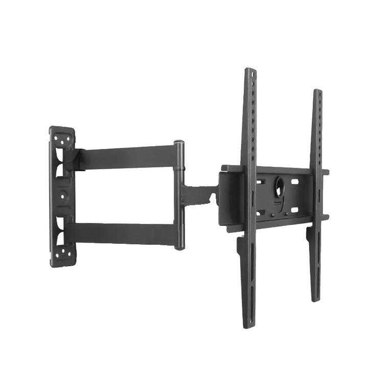 Suport TV pe perete, suport montare universal metalic, compatibil 32-55 inch, incarcare maxima 27 kg, VESA 50x50-200x200 mm, inclinare -5°/+5°, distanta reglabila 60-420 mm, rotatie 180°, negru
