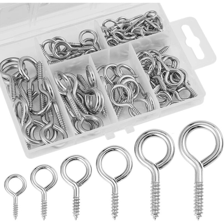Set 100 suruburi cu ochi filetat (carlige filetate), din otel inoxidabil, cu varf conic pentru montare usoara, M4 x 40 mm, M4 x 37 mm, M3 x 30 mm, M3 x 28 mm, M3 x 27 mm, M2.5 x 21 mm, Argintiu, 100 buc