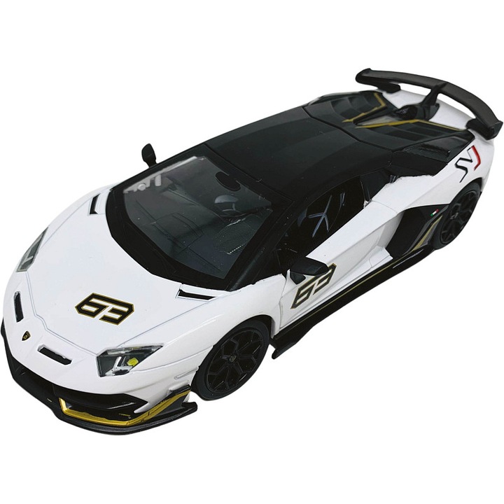 Sparkys Lamborghini Aventador SVJ fém miniatűr modellautó, 1:24 méretarányú, licencelt, fémből, 3 db LR44 elem mellékelve, fehér/fekete, 23 cm, 1 db
