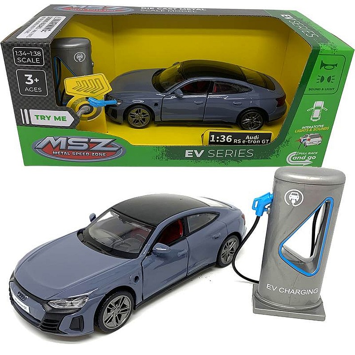 Sparkys Audi e-tron GT 1:36 fém modellautó, hanggal és fénnyel, nyitható ajtókkal, szürke, 1 db