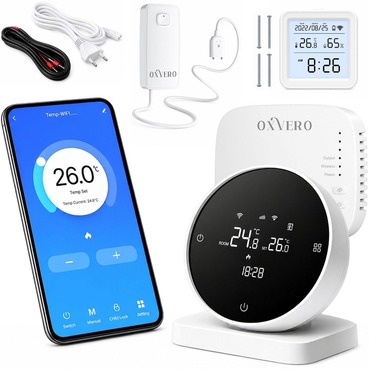 Termostat de Ambient Oxvero™, Termostat Wireless Smart controlat prin Internet / Telefon, Compatibil Orice Centrala Termica, Programabil Tuya/Alexa/Google Home, Cabluri Conectare, Cablu USB-C, 1x Receiver, 1x Senzor Scurgeri Apa, 1x HigroTermometru Smart