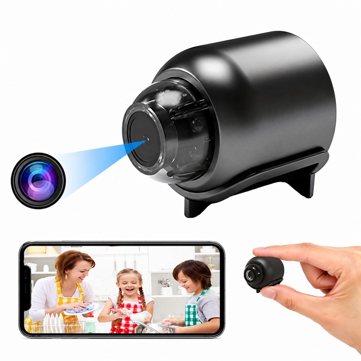 Mini XPQKDC® Megfigyelő Kamera Full HD 1080P Felbontás, WiFi Kapcsolat, Beltéri és Kültéri Megfigyelés, Élő Nézet iOS és Android Alkalmazáson Keresztül, Ideális Babáknak, Állatoknak és Dadusoknak