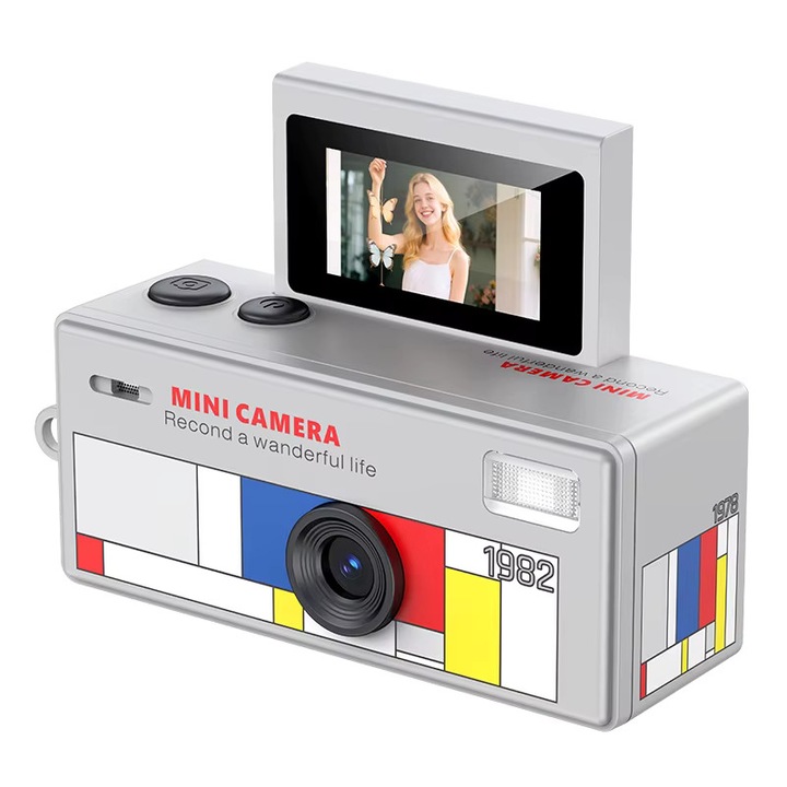 Mini camera digitala tip breloc LK-030, 720P, retro, ecran flip 180° selfie, culoare gri
