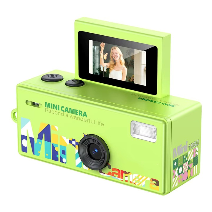 Mini camera digitala tip breloc LK-030, 720P, retro, ecran flip 180° selfie, culoare verde