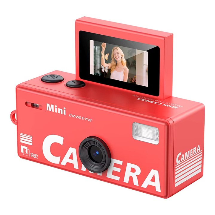 Mini camera digitala tip breloc LK-030, 720P, retro, ecran flip 180° selfie, culoare rosu