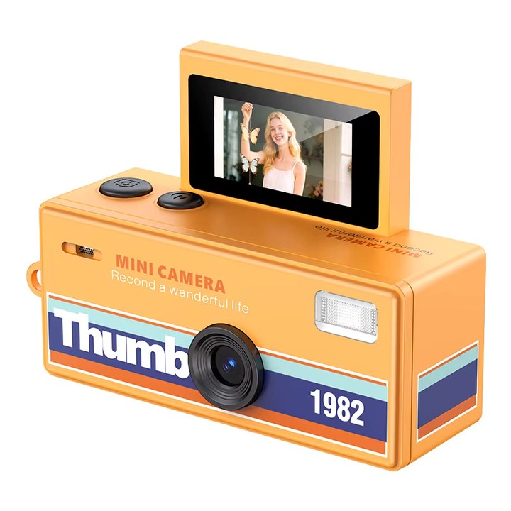 Mini camera digitala tip breloc LK-030, 720P, retro, ecran flip 180° selfie, culoare portocaliu
