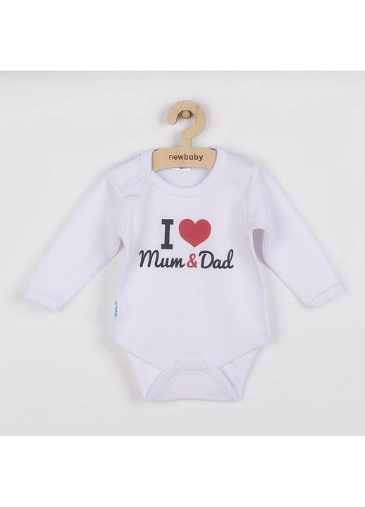Body pentru copii New Baby, bumbac 100%, alb, maneca lunga, imprimeu amuzant