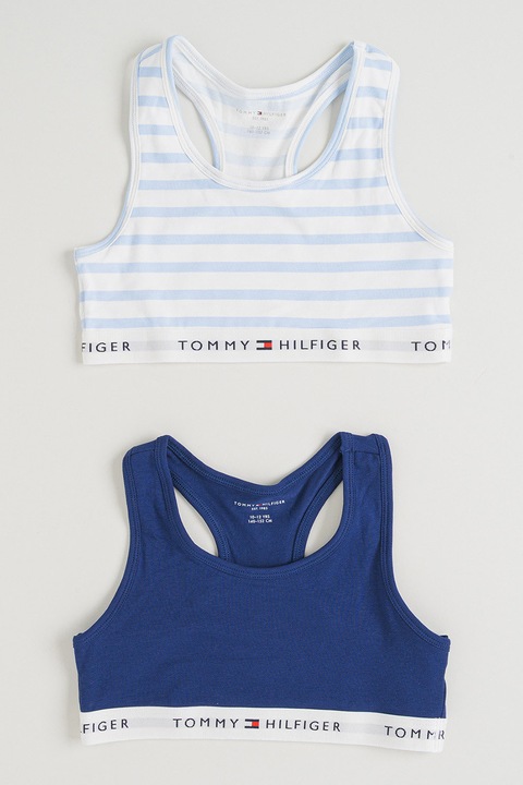 Tommy Hilfiger, Set de bustiere din amestec de bumbac cu logo - 2 piese, Albastru pastel/Albastru inchis
