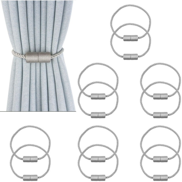 Set 6 perechi suporturi pentru perdele magnetice, cleme cu cablu rasucit reglabil, fara agatatoare, Gri