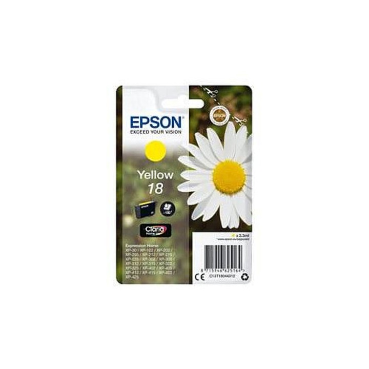 Eredeti Epson 18 tintapatron, RF riasztós buborékcsomagolásban, Expression Home XP-212/215/225/312/315/322/325/412/415/422/425 modellekhez, sárga, 3.3 ml