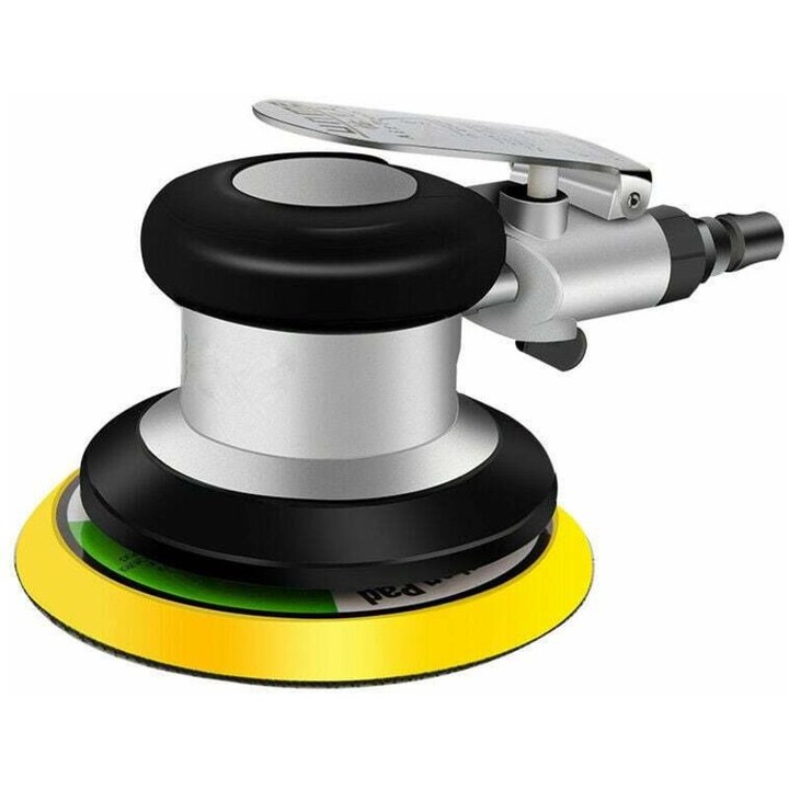 Pneumatikus orbitális csiszoló (orbitális polírozó) 125 mm, állítható fordulatszám akár 9500 ford./perc, üzemi nyomás 6-7 kg/cm², tépőzáras paddal kompatibilis, fekete/ezüst