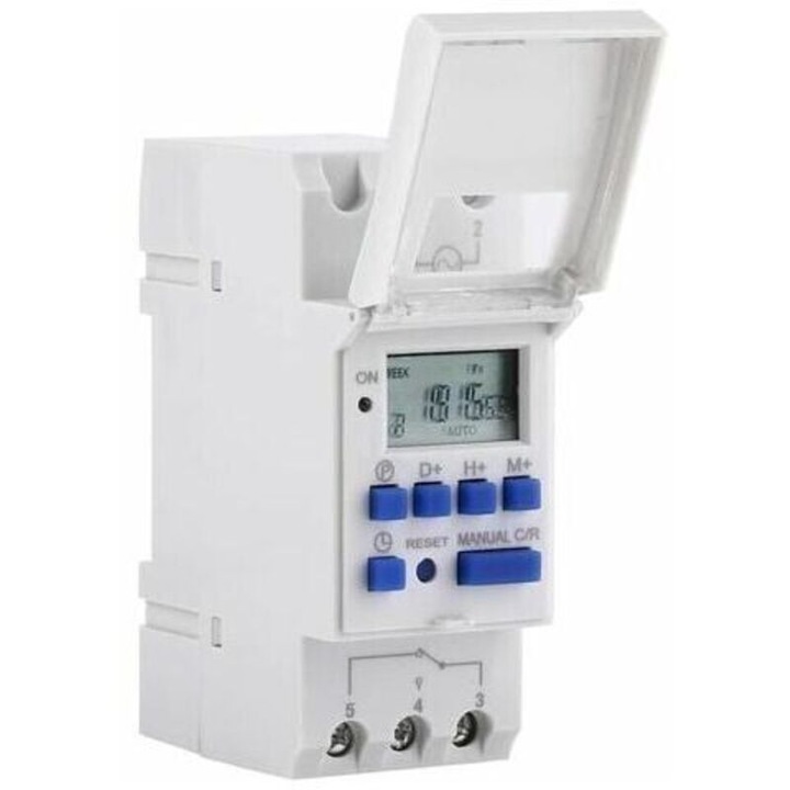 Digitális heti programozható időzítő LCD 15 A 220 V, 16 BE/KI beállítás, DIN sínre szerelhető, Fehér
