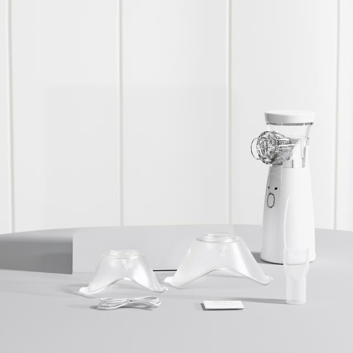 Nebulizator portabil silentios de tip micro-retea, de calitate medicala, cu design silentios, 3 trepte de reglare a debitului de pulverizare, potrivit pentru copii si adulti, curatare cu o singura apasare, reincarcabil, alb