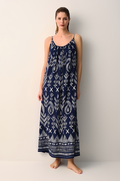 Suwen, Rochie lunga lejera cu model, Alb/Bleumarin