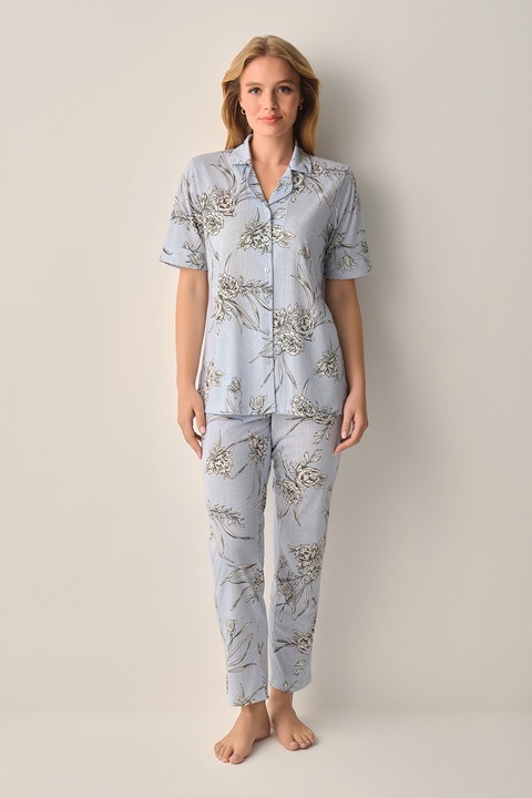 Suwen, Pijama cu maneci scurte si model floral, Albastru azur/Bej deschis