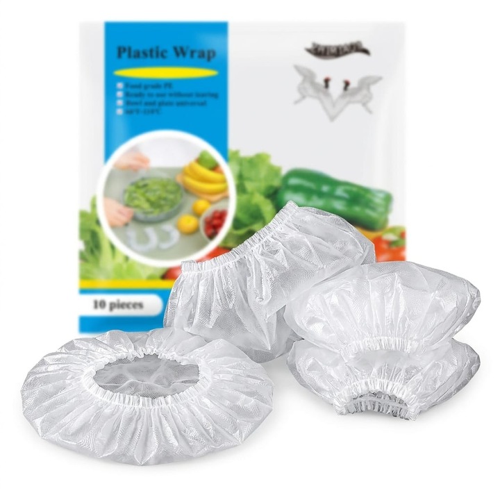 Set 100 buc Huse Elastice Alimentare, Folie Stretch Universala pentru Boluri si Farfurii, PE Food Grade, Antibacteriana Ag+ 99.99%, Diametru 12cm, Rezistenta -60°C / +110°C