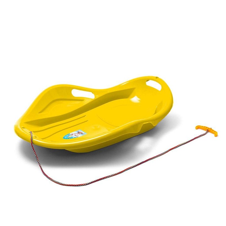 BABY MIX PREMIUM KOMFORT gyermek szánkó, kagyló alakú, ergonomikus oldalakkal és két fogantyúval, húzókötél fogantyúval, fagyálló -20°C-ig, Sárga, 80x60x17 cm