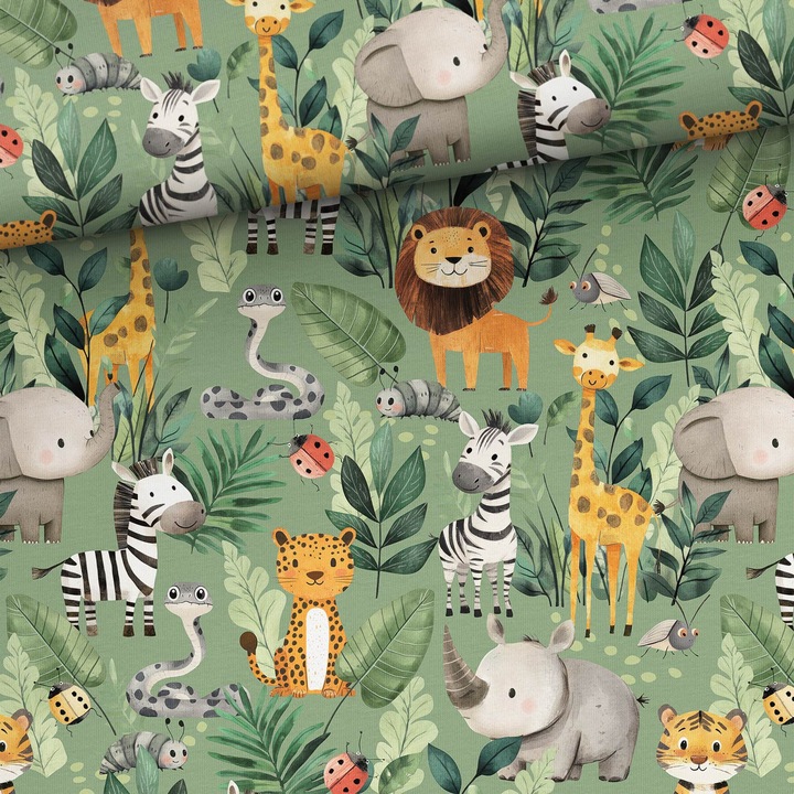 Material textil, Tricot french terry, Tricot trening imprimat Jungla fericita, bumbac 95%, elastan 5%