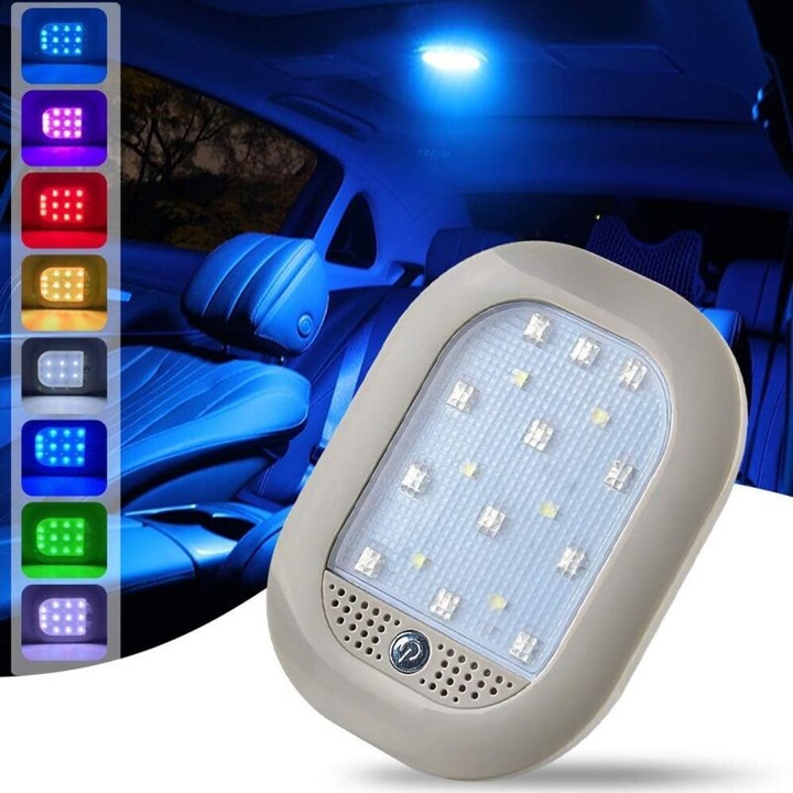 Lampa plafon auto LED reincarcabila USB, 8 culori, control vocal, wireless cu magnet si banda adeziva, Multicolor, 1 buc